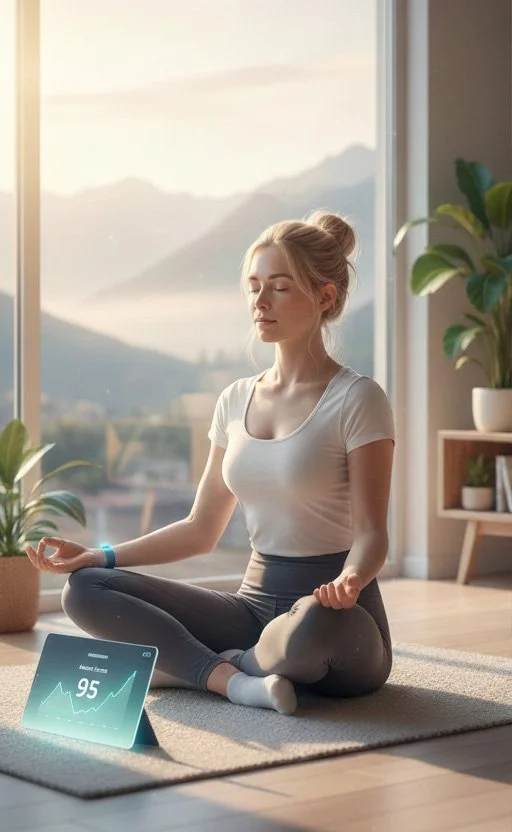 A person practicing guided breathing in a sunlit room with a mountain view, a health monitor showing a heart rate of 95.